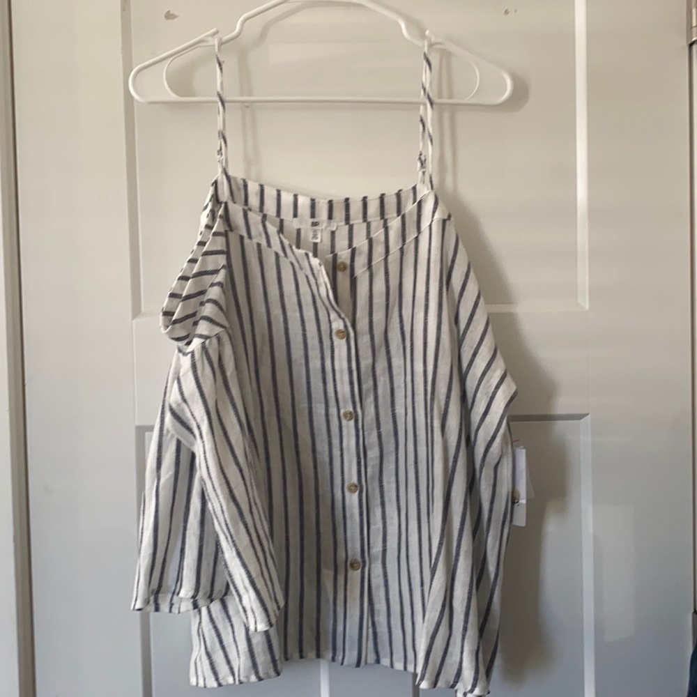 BP. Blouse with navy vertical stripes.